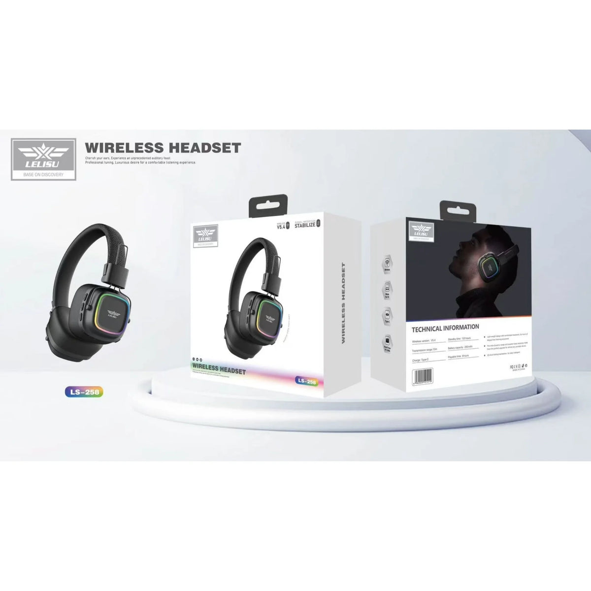 Lelisu LS-258 Wireless Stereo Headphones | Bluetooth 5.4 Over-Ear Headset with Type-C Charging & LED Lights Bluetooth Over-Ear Stereo Headphones