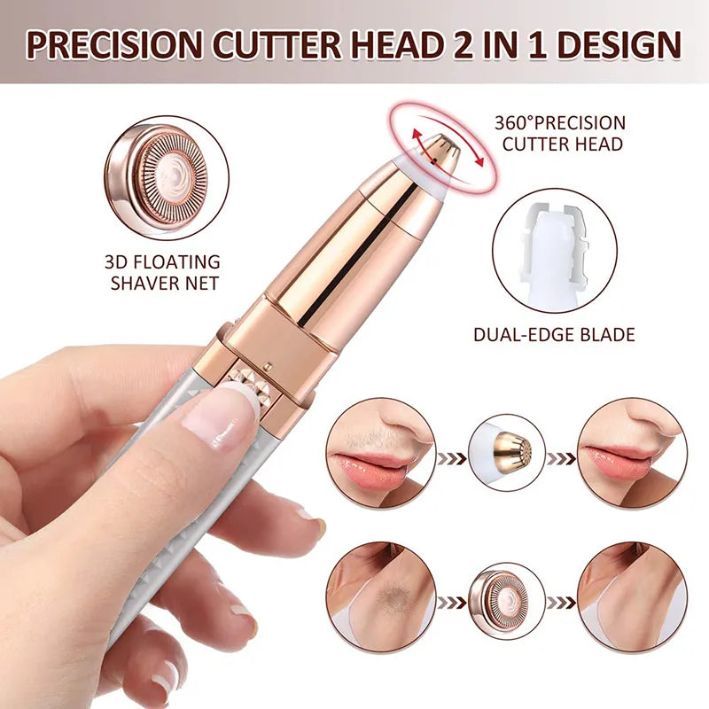 2-in-1 Flawless Facial Hair Remover & Eyebrow Trimmer | USB Rechargeable, Painless & Portable | Pink Color